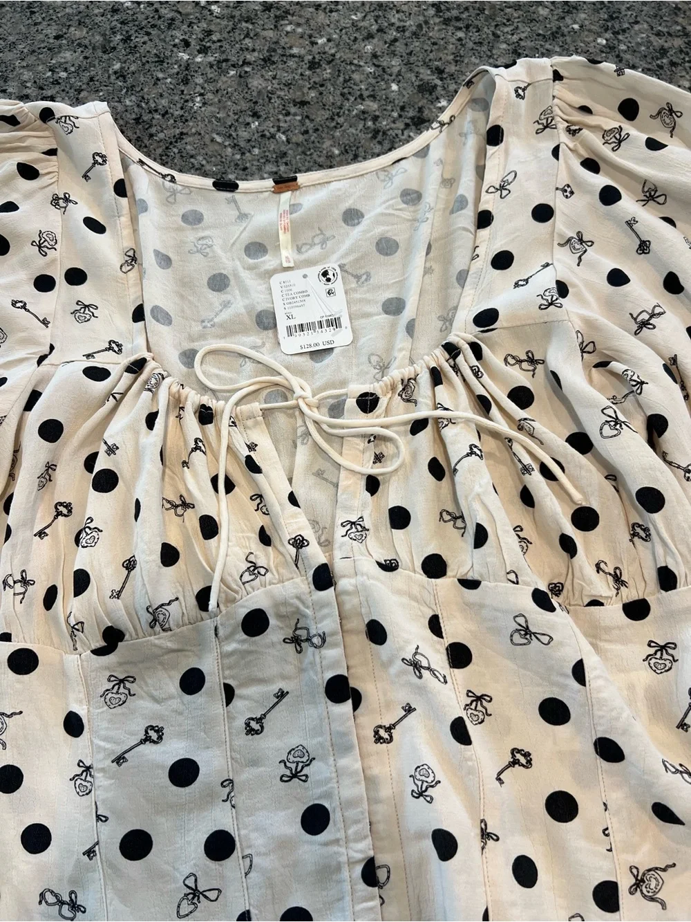 Free People Cream Puff-Sleeve Polka Dot Tie-Front Top